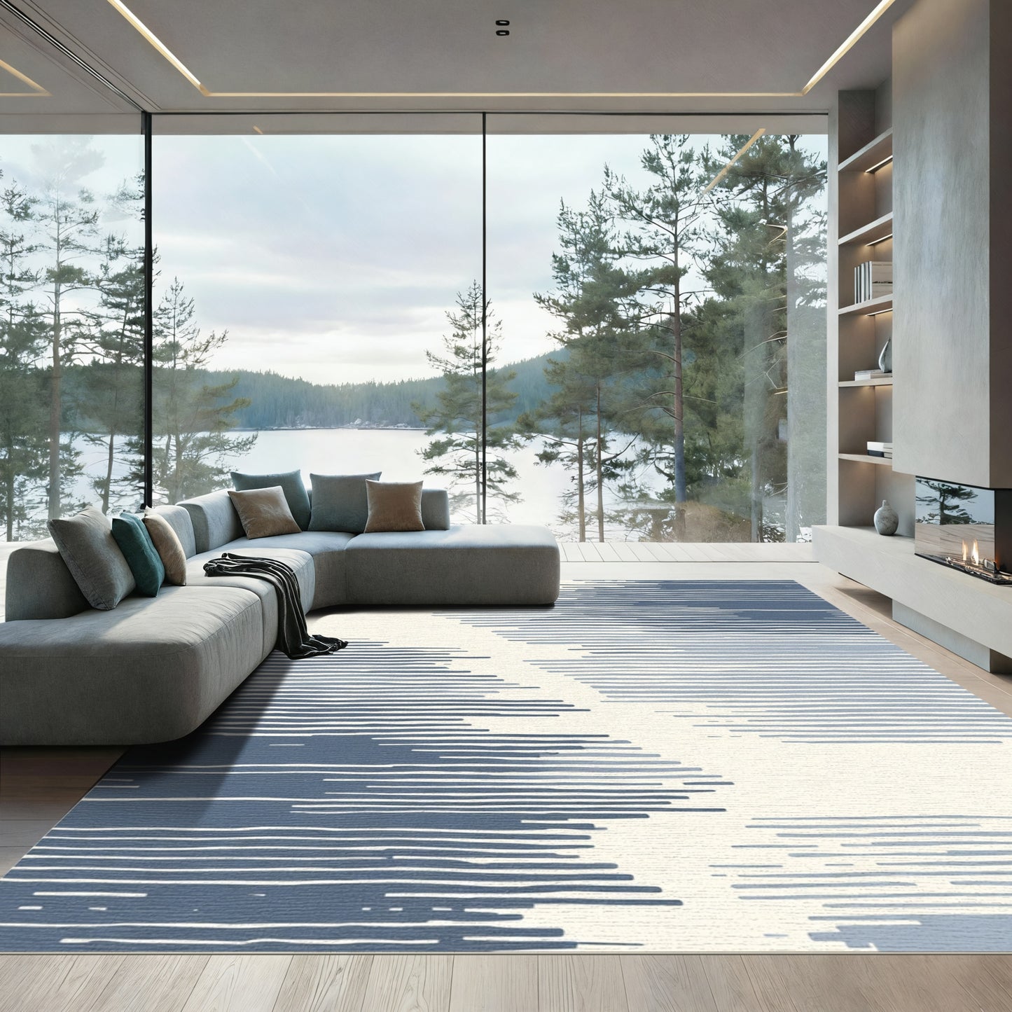 Serene Blue Abstract Horizontal Line Rug