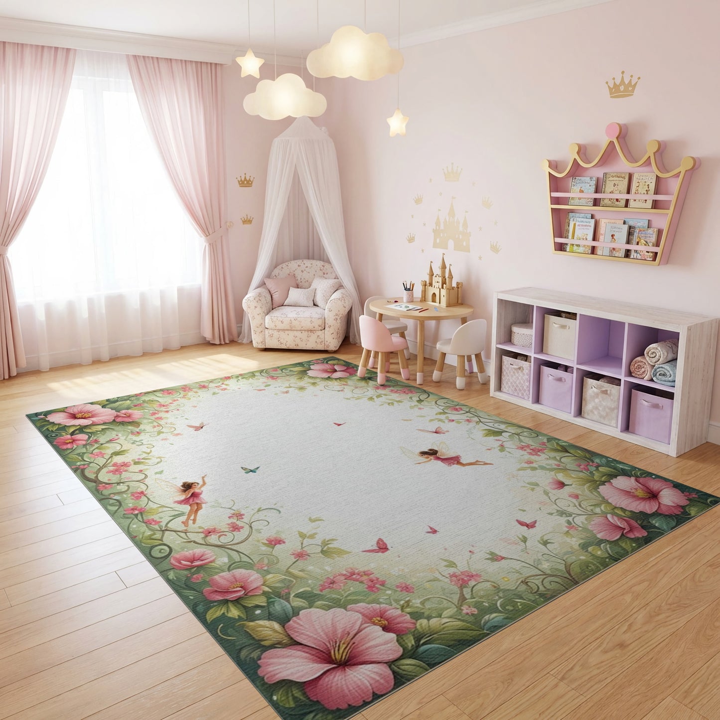 Whimsical Pink Fairy Butterflies Floral Rug