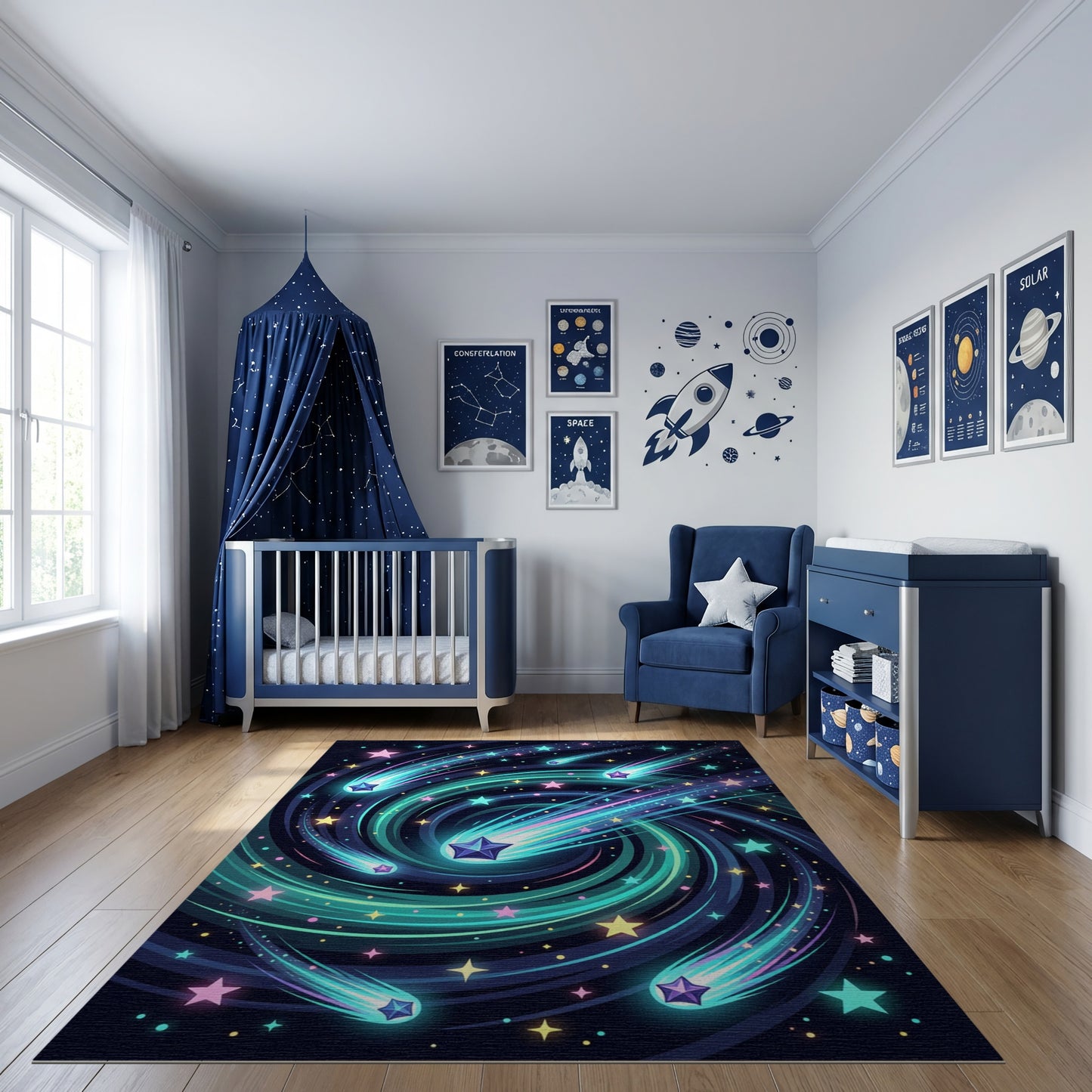 Swirling Neon Shooting Stars Galaxy Rug
