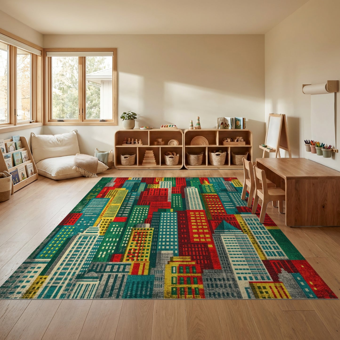 Vibrant Red Teal City Skyline Rug