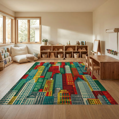 Vibrant Red Teal City Skyline Rug