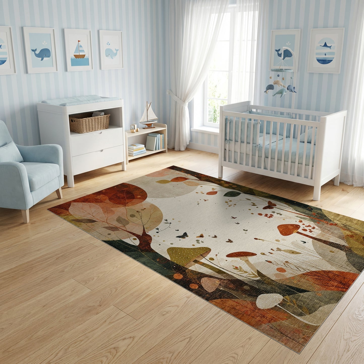 Autumn Whimsical Mushroom Leaves Butterflies Rug