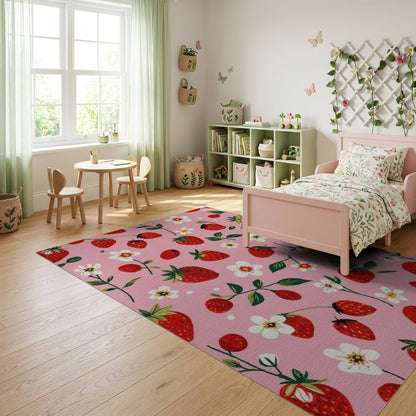 Whimsical Pink Strawberry Floral Rug