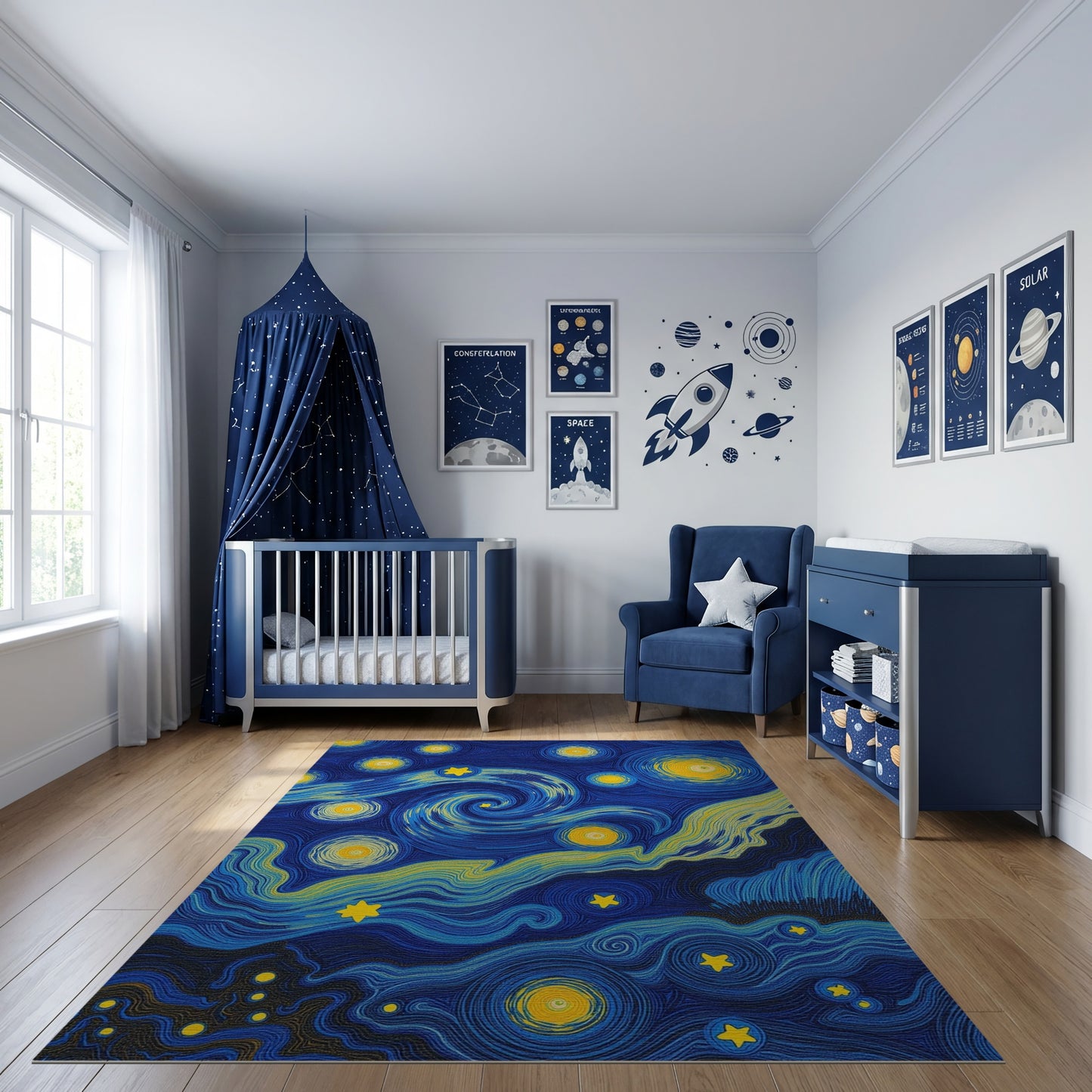 Swirling Glowing Stars Deep Blue Rug