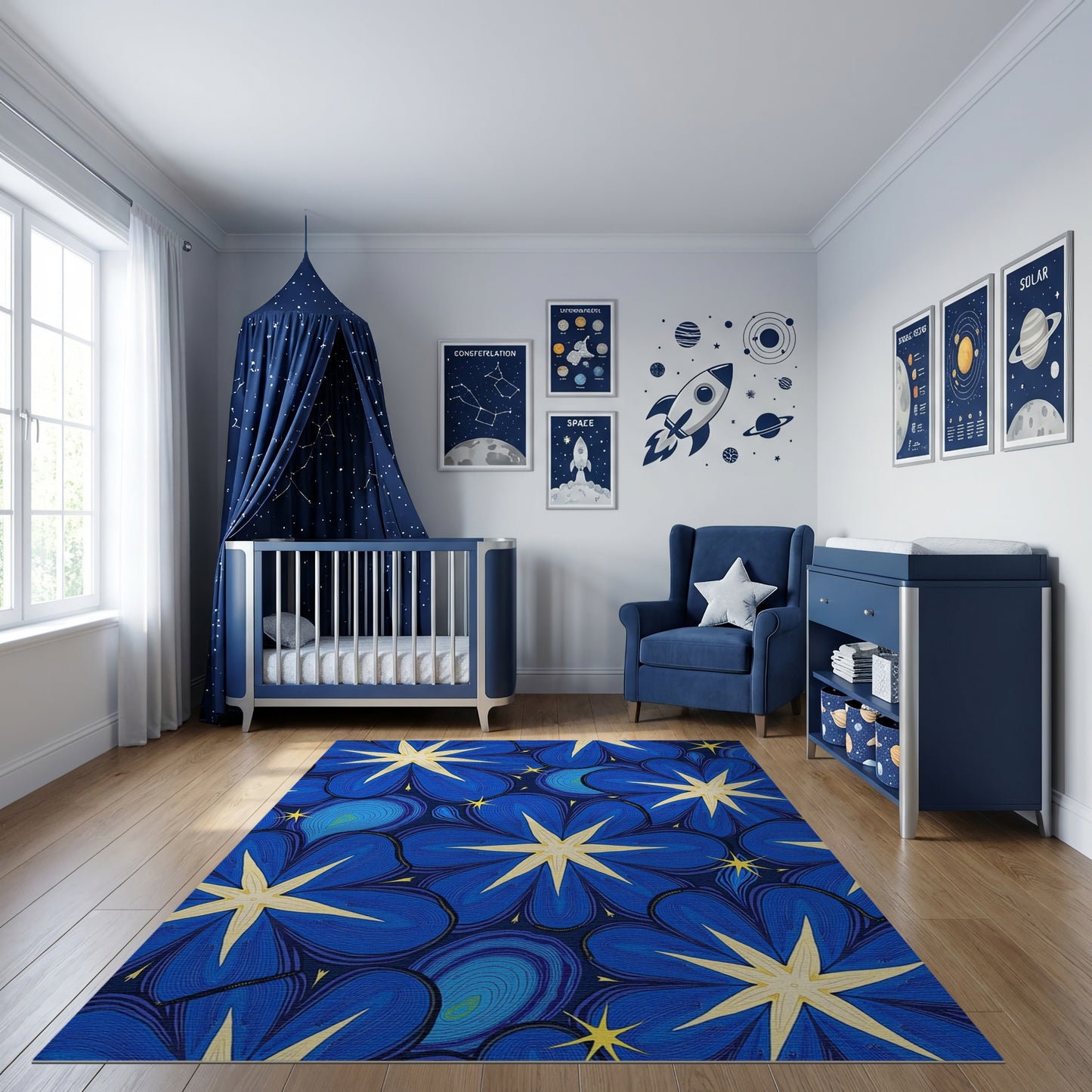 Vibrant Navy Starry Floral Peacock Rug