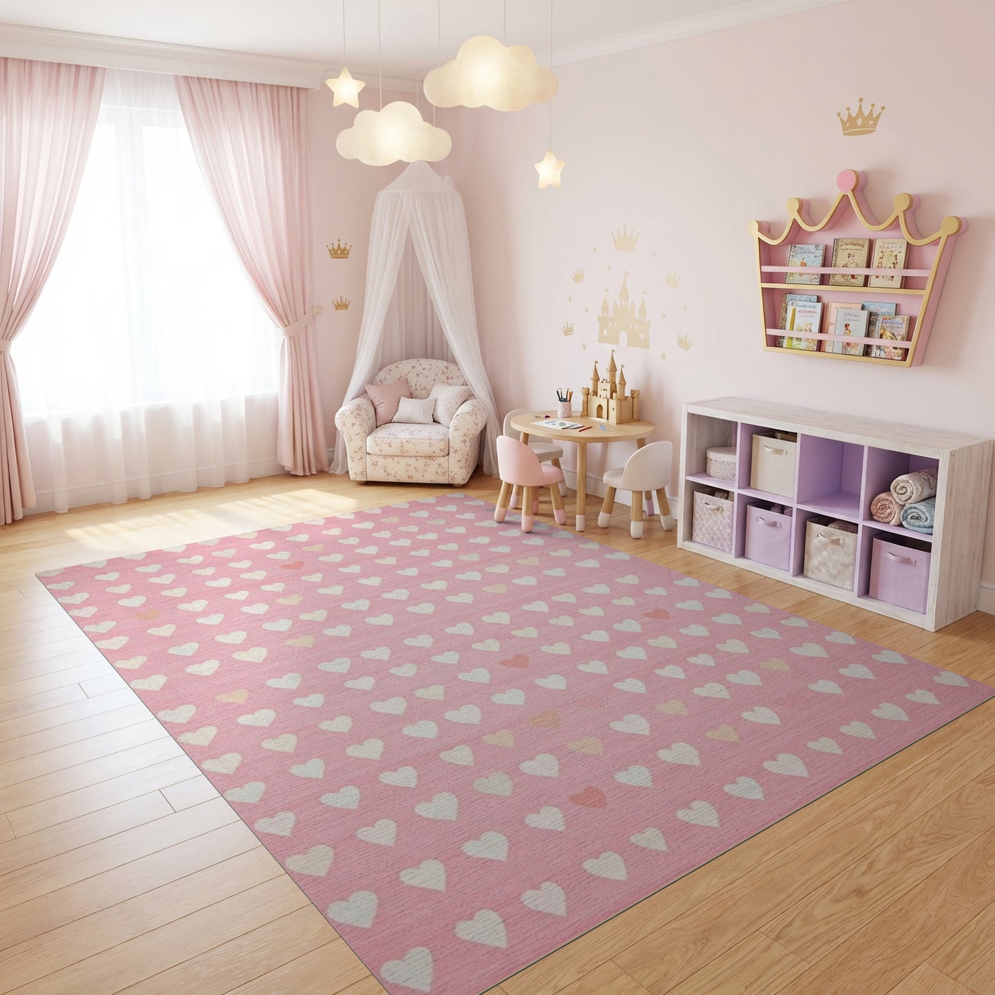 Pink and White Hearts Whimsical Rug