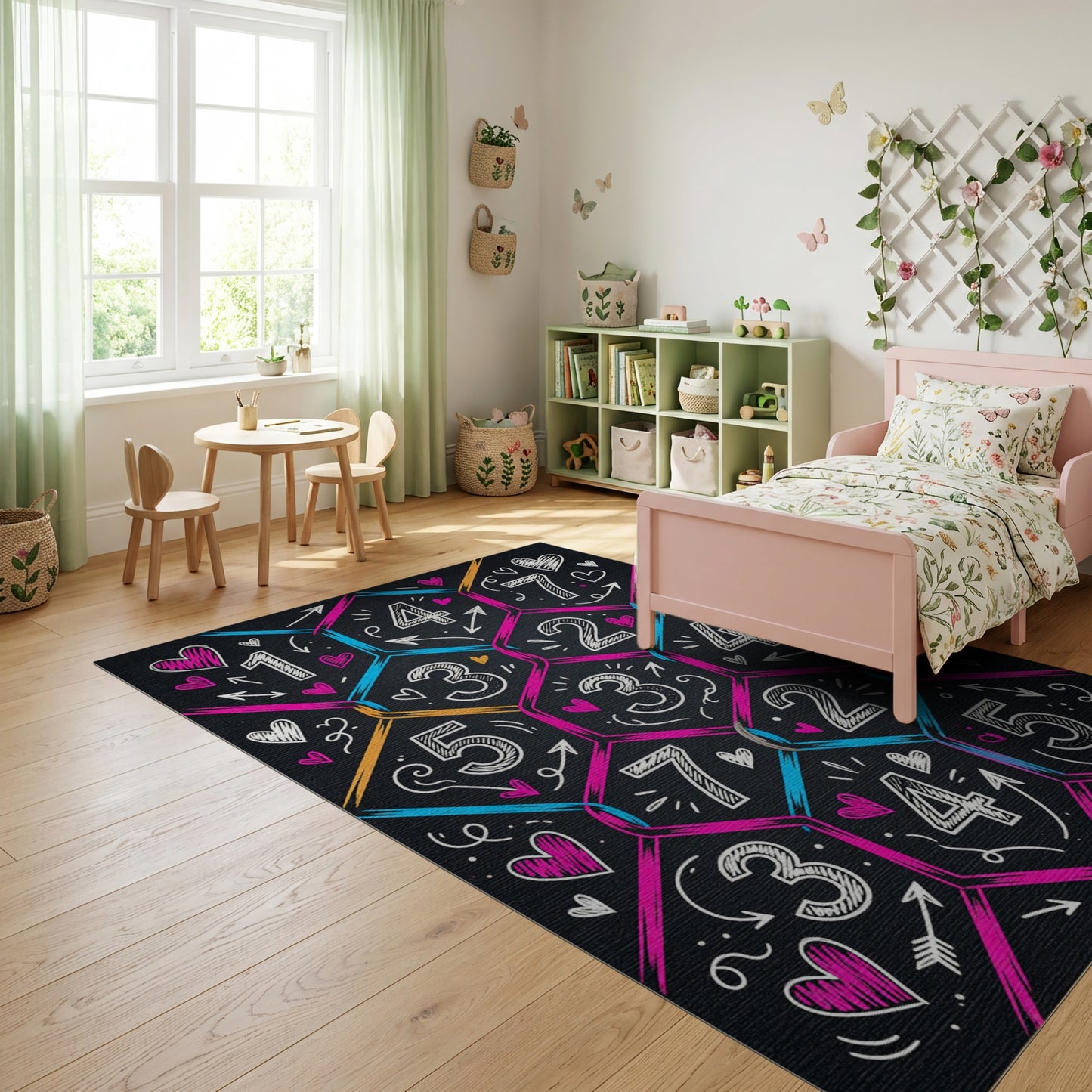 Vibrant Hexagonal Numbers Hearts Arrows Rug