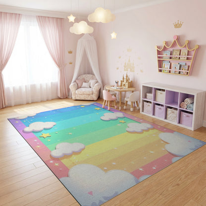 Dreamy Rainbow Fluffy Clouds Stars Rug