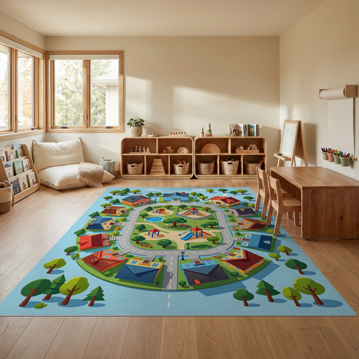 Colorful Whimsical Neighborhood Playground Rug