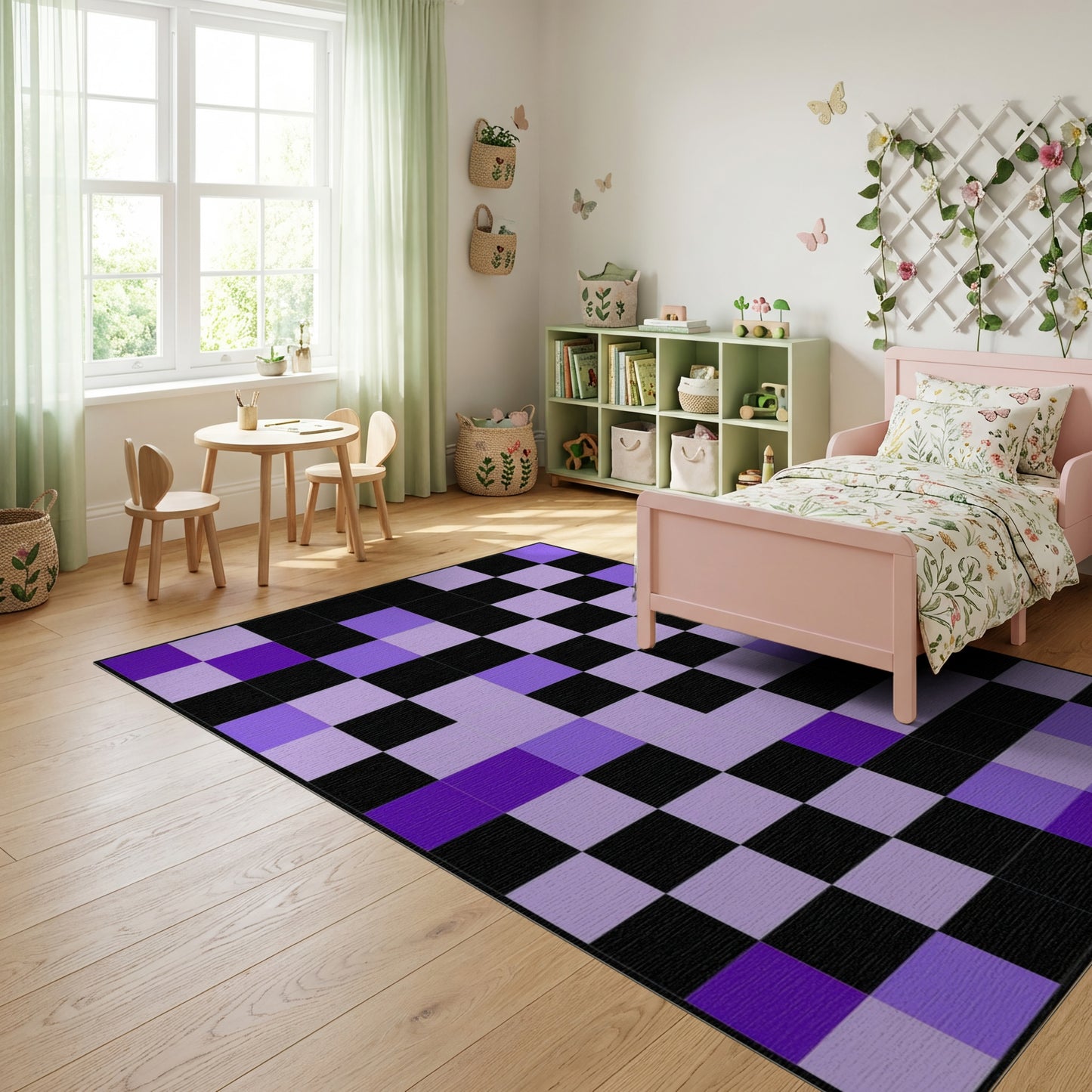 Purple Black Tonal Grid Rug