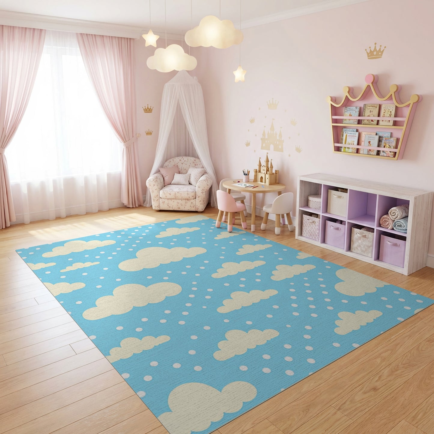Whimsical Fluffy Clouds Blue Dots Rug