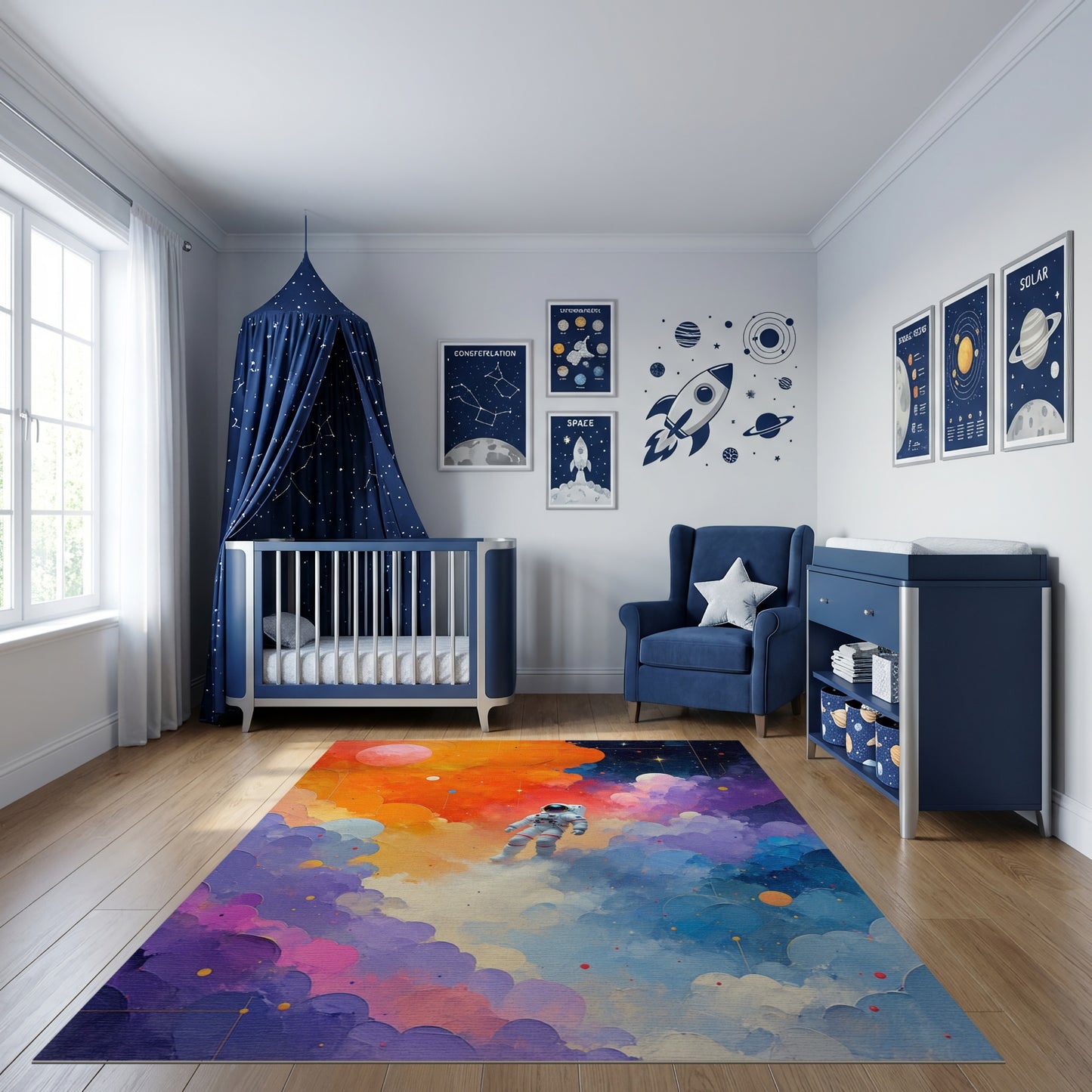 Vibrant Astronaut Cosmic Nebula Clouds Rug