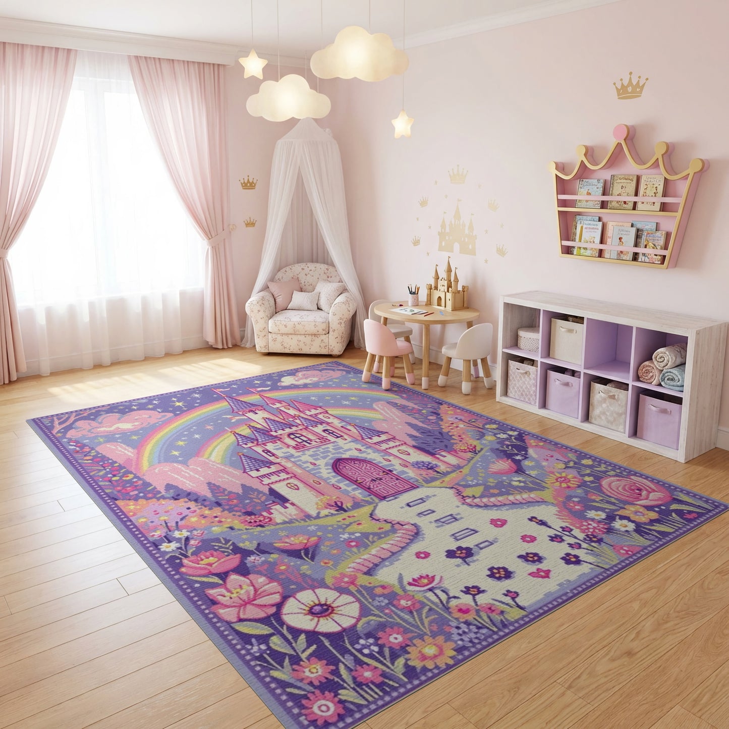 Whimsical Purple Castle Rainbow Rug