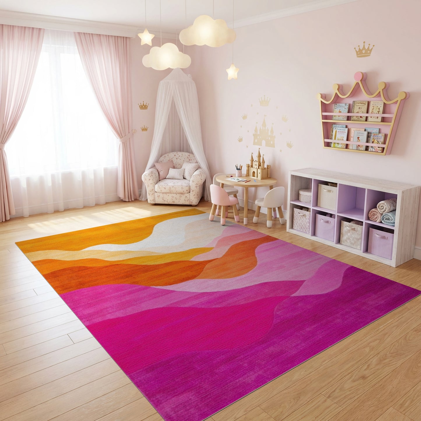 Modern Layered Wavy Orange Pink Rug