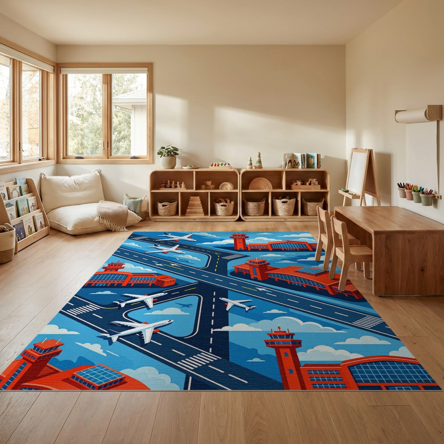 Modern Isometric Airport Planes Runways Rug