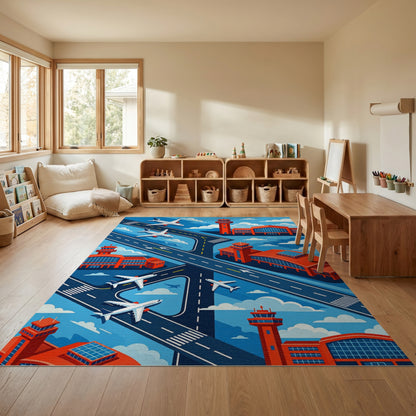 Modern Isometric Airport Planes Runways Rug