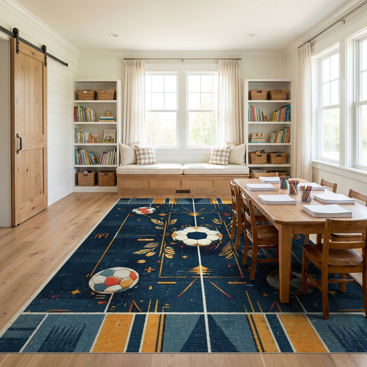 Navy Geometric Soccer Balls Grid Rug