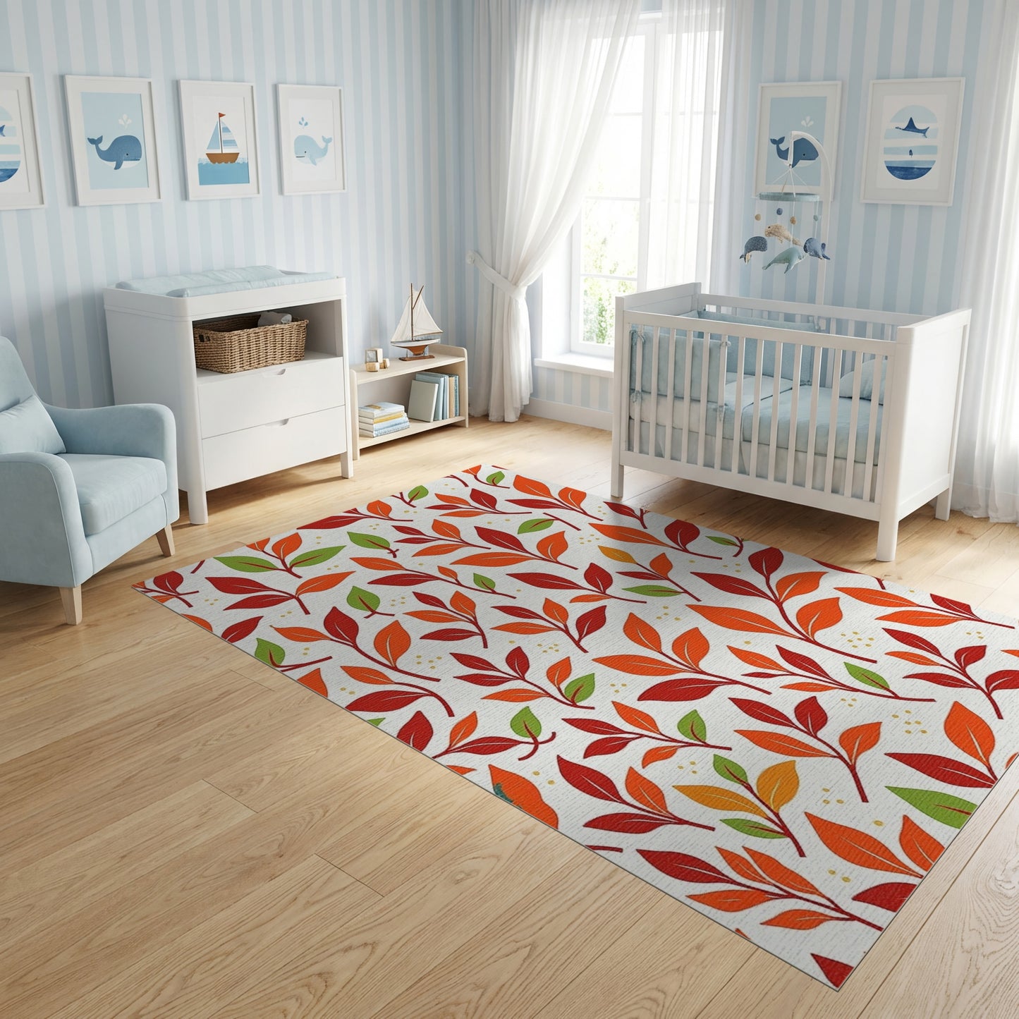 Vibrant Red Orange Green Leaves Rug