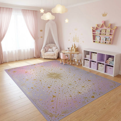 Radiant Golden Starburst Starry Purple Rug