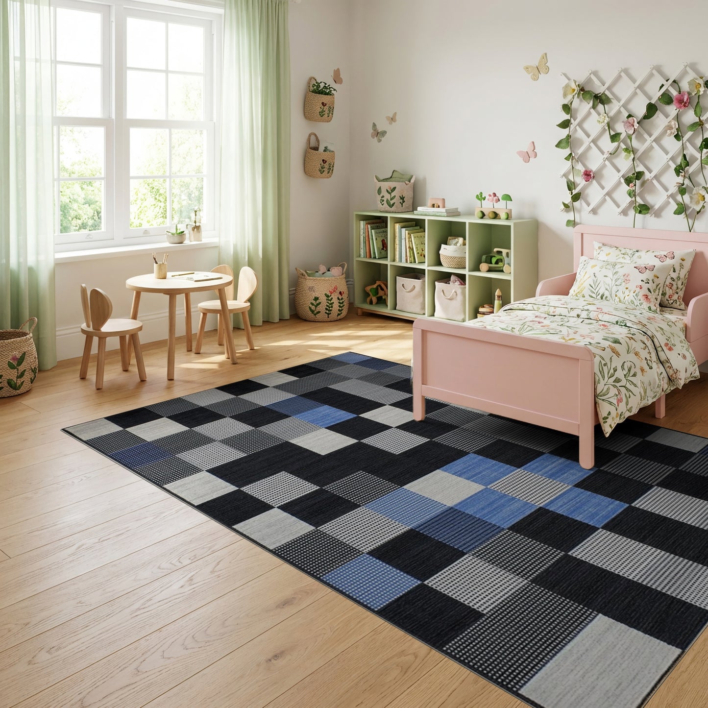 Modern Black White Blue Checkered Patchwork Rug