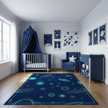 Navy Cyan Planets Rings Stars Rug