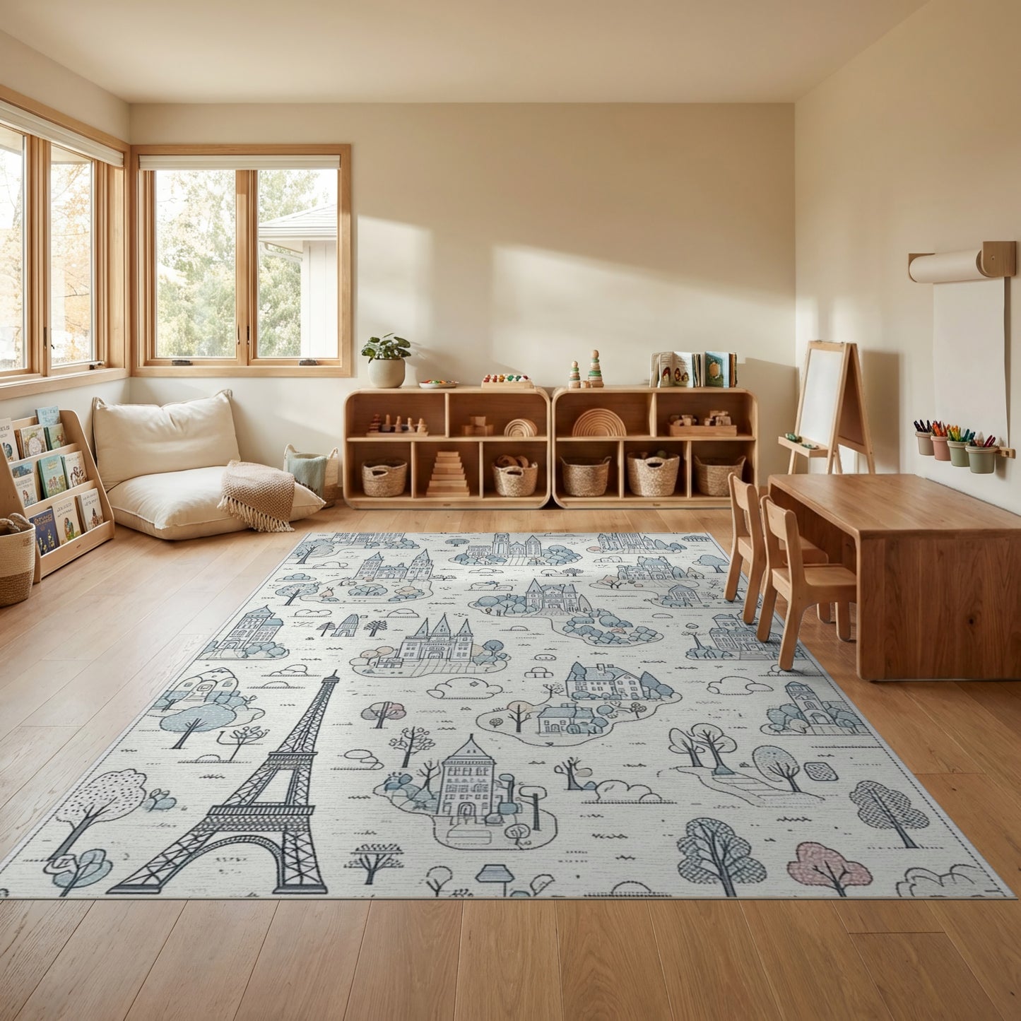 Whimsical Blue Eiffel Tower Castles Rug