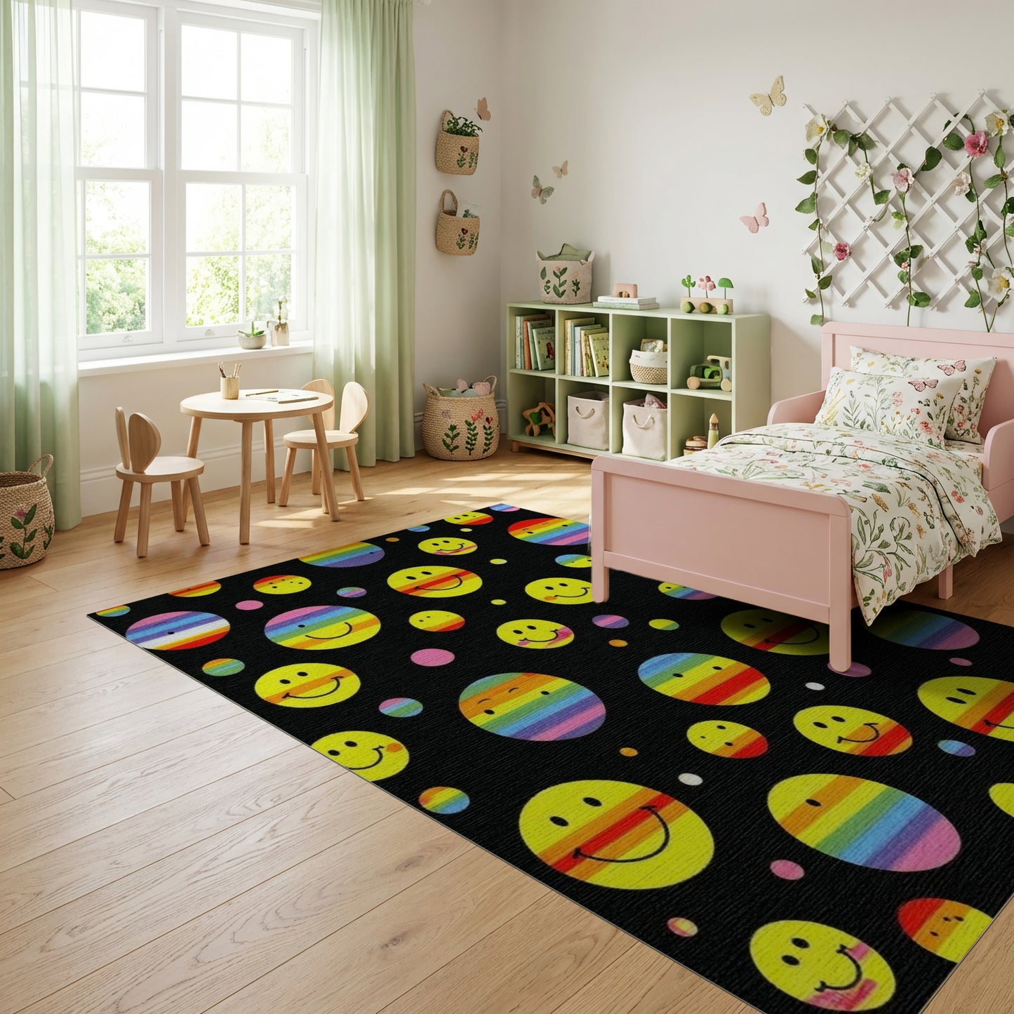Whimsical Yellow Smiley Rainbow Circles Rug