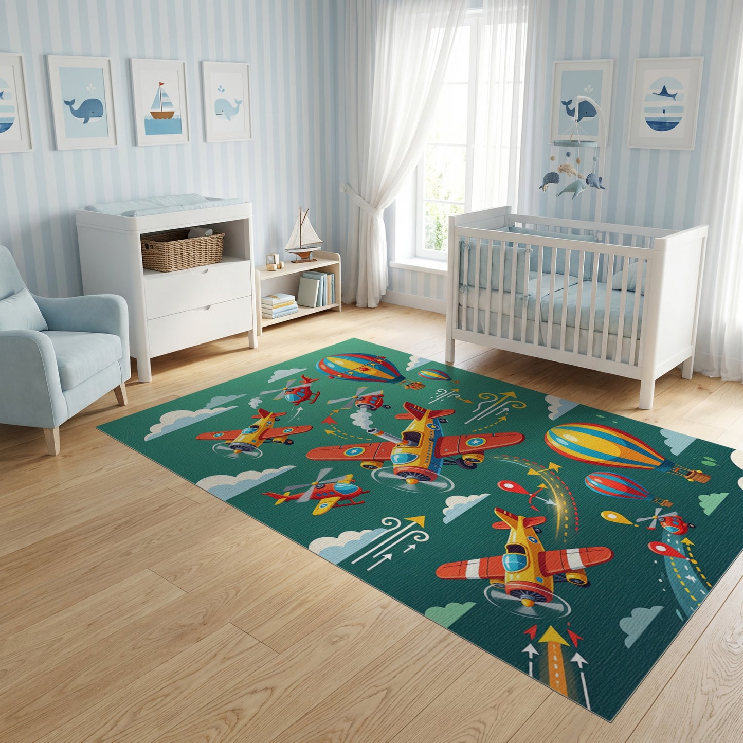 Colorful Whimsical Airplanes Balloons Helicopters Rug