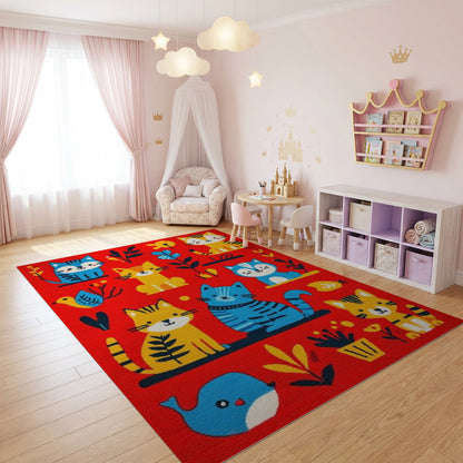 Whimsical Colorful Cats Botanical Rug