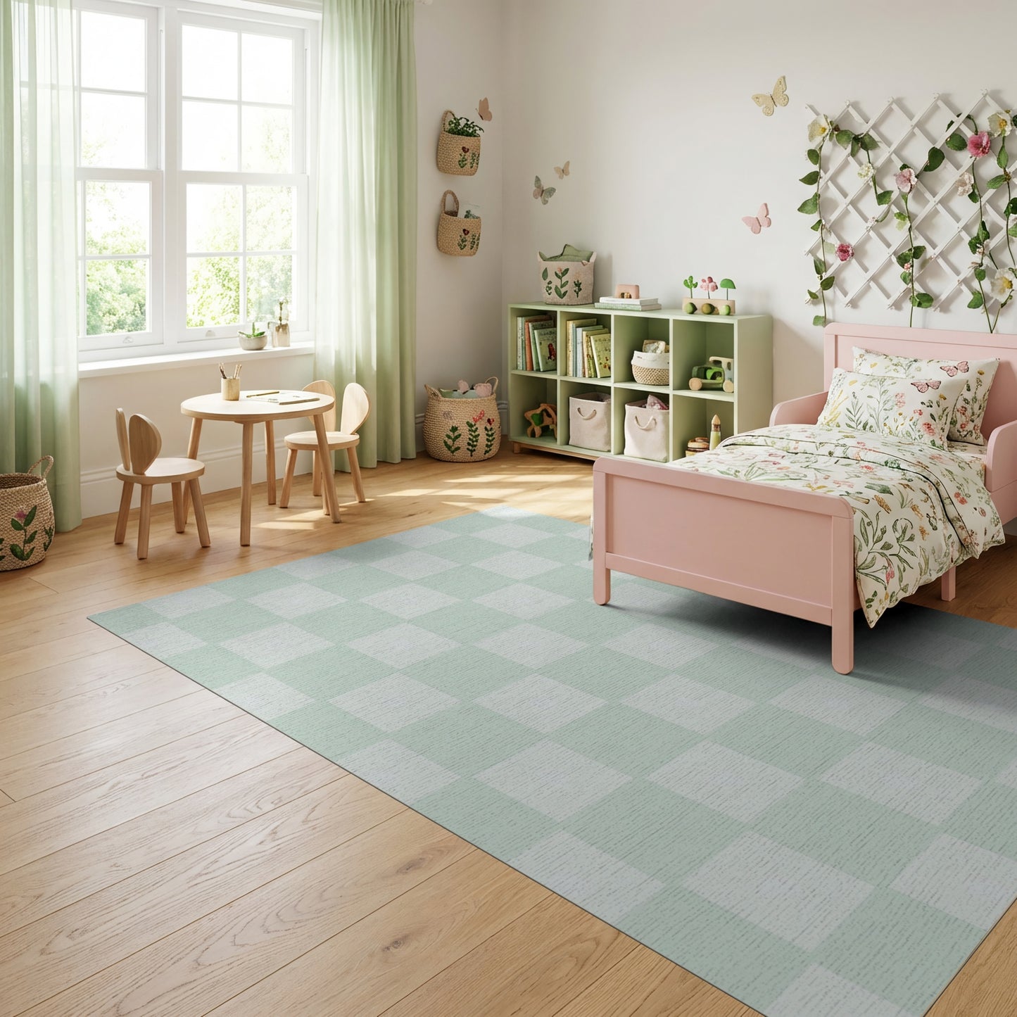 Pale Green Checkered Minimalist Rug