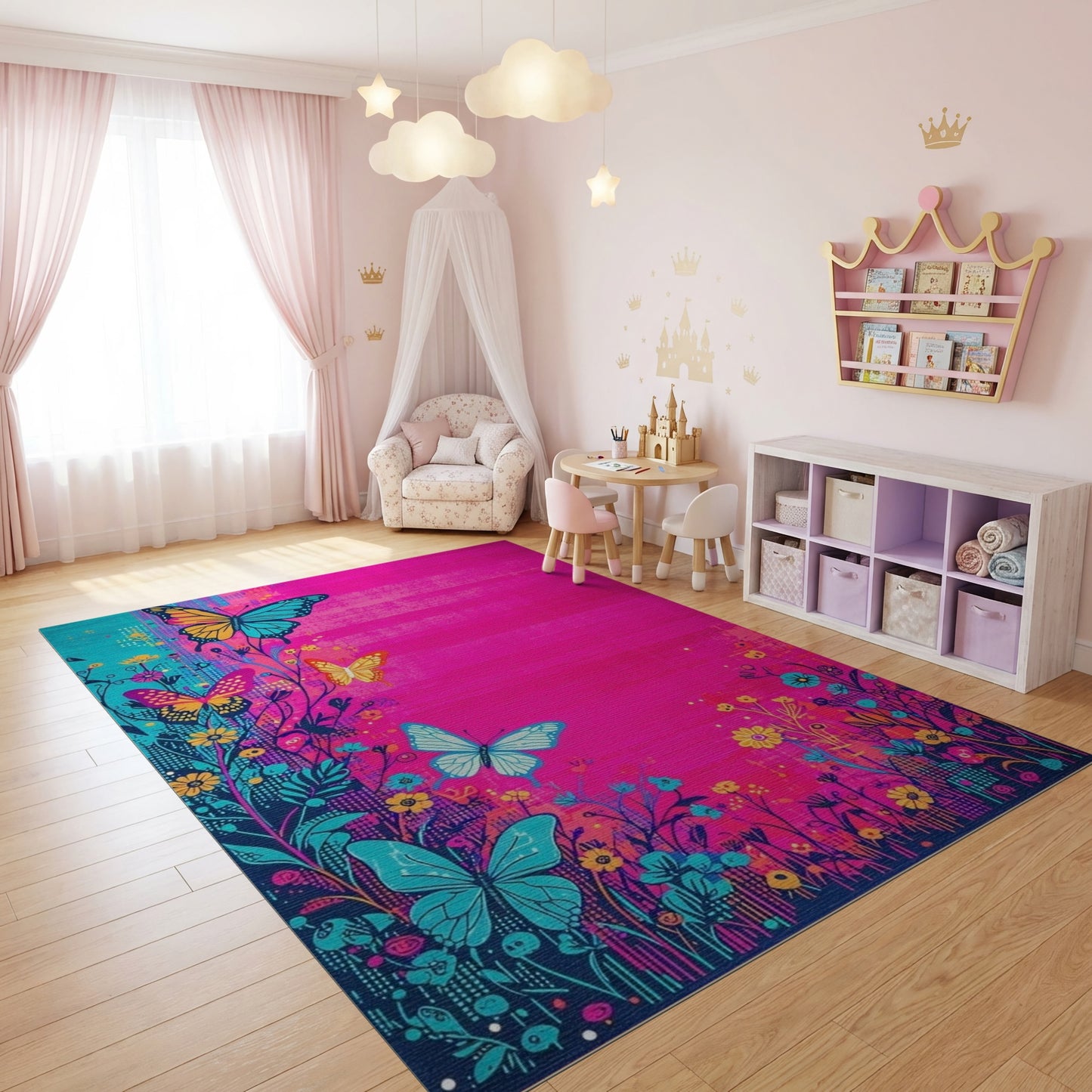 Vibrant Pink Teal Butterfly Floral Rug