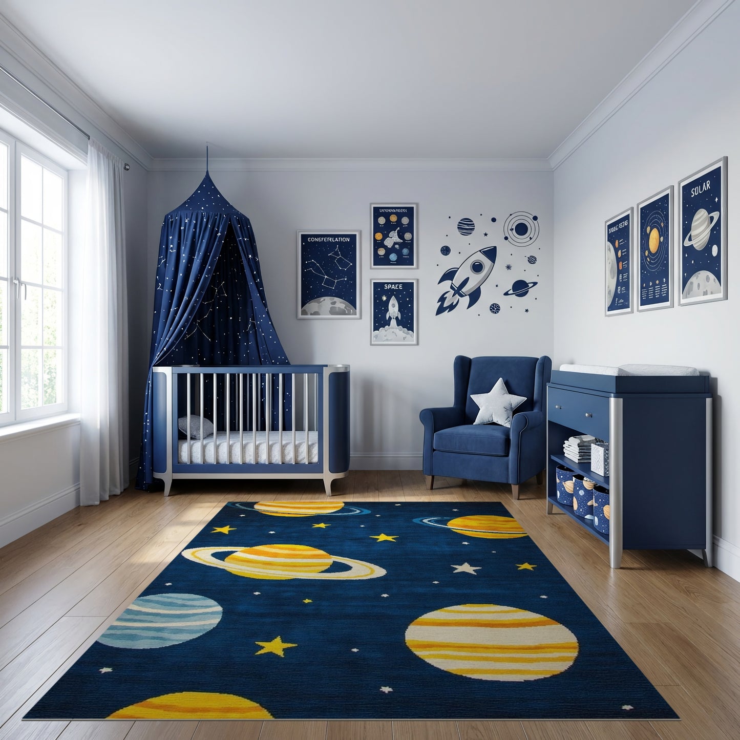 Navy Ringed Planets Stars Cosmic Rug