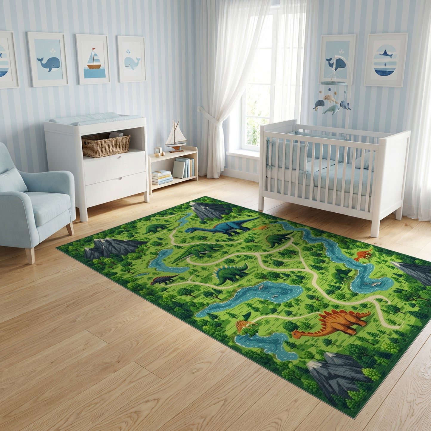 Whimsical Dinosaur Mountain Forest River Rug