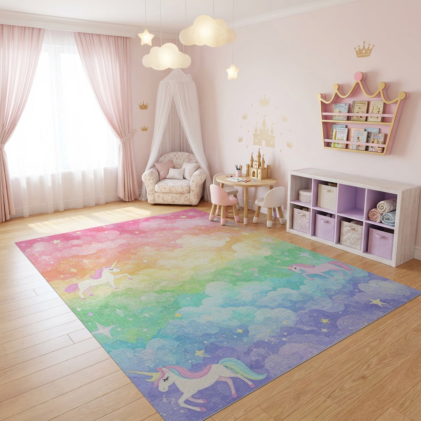 Whimsical Unicorn Rainbow Cloud Stars Rug