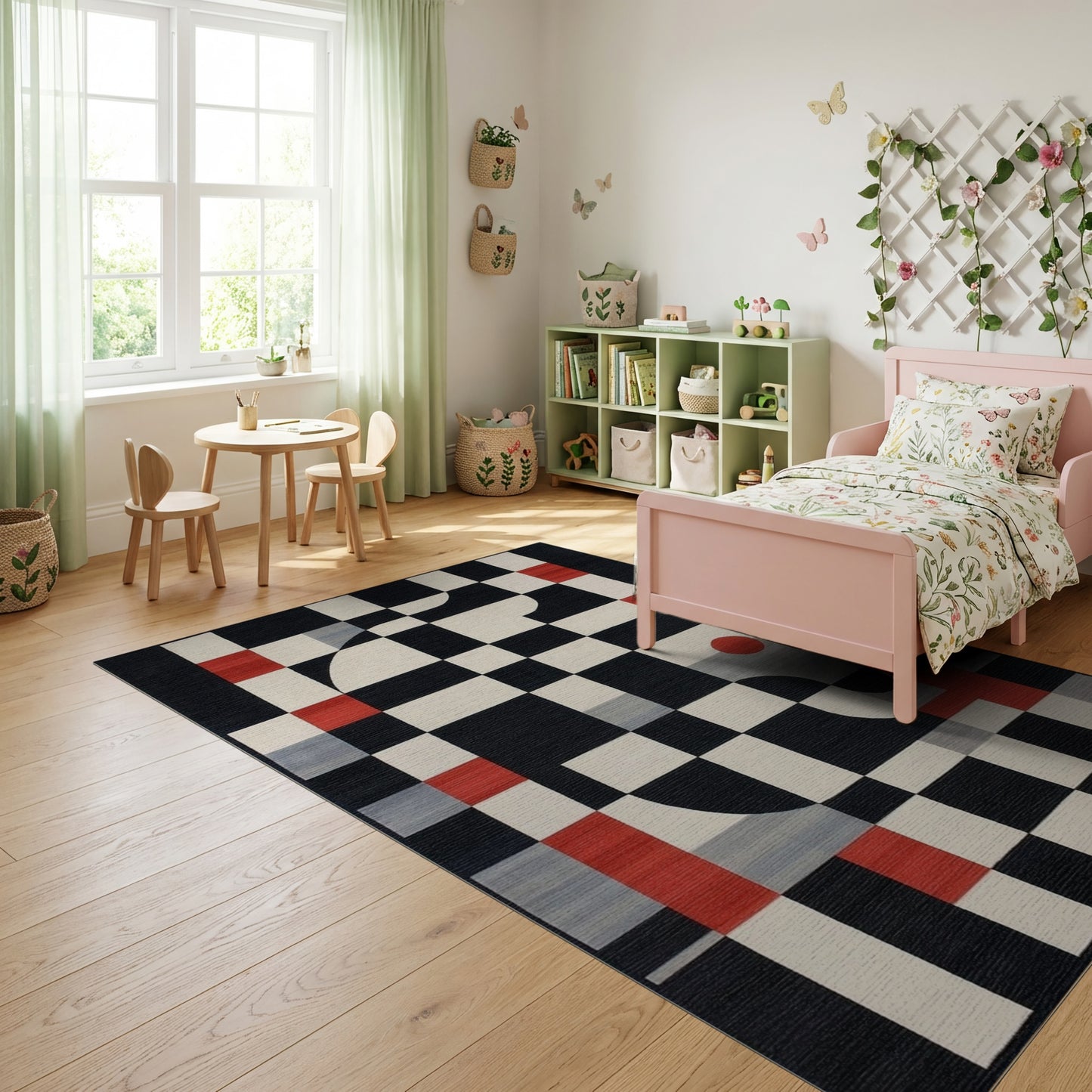 Modern Black White Red Checkerboard Rug