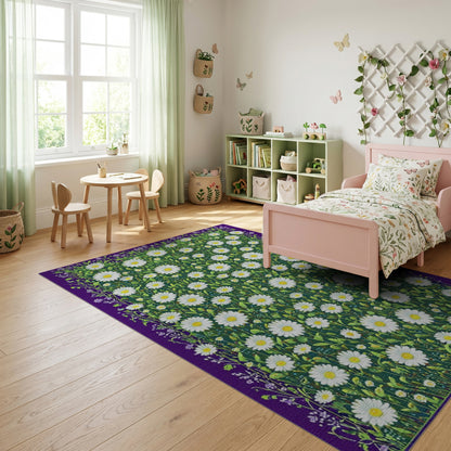 Lush White Daisies Green Meadow Purple Rug