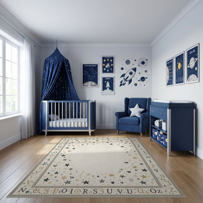 Black Gold Scattered Stars Alphabet Border Rug