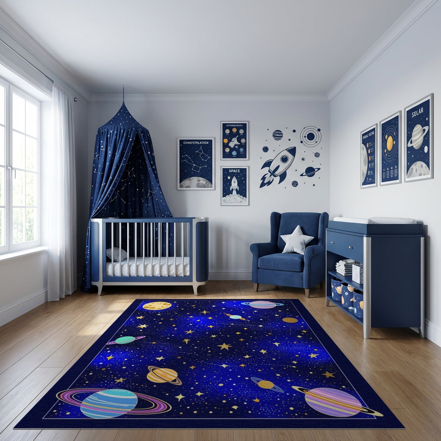 Whimsical Colorful Cosmic Planets Stars Rug