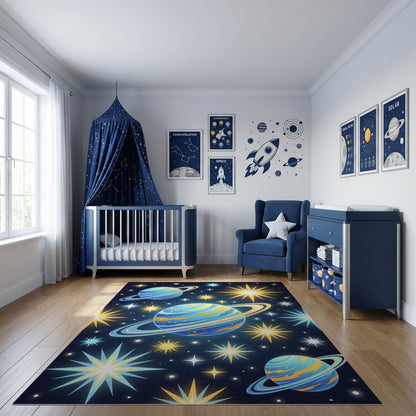 Cosmic Blue Ringed Planets Stars Rug