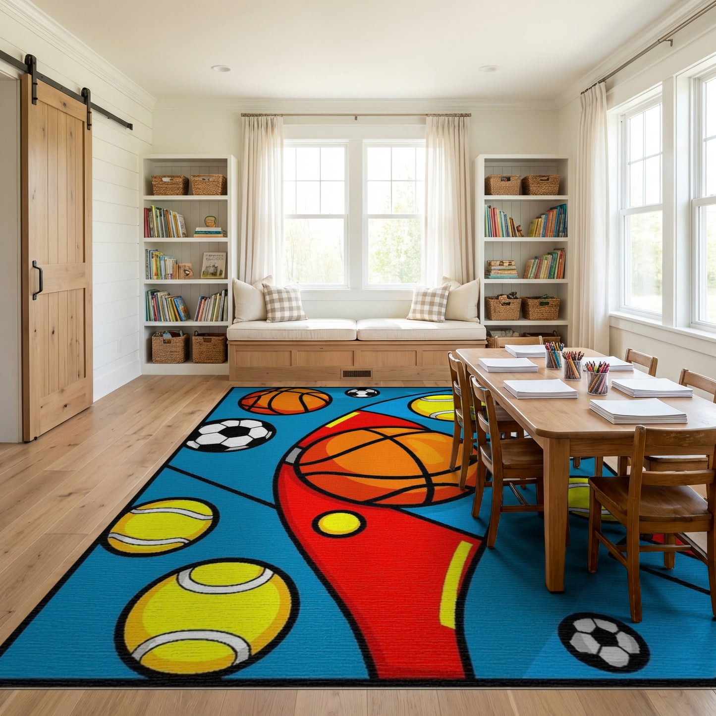 Vibrant Geometric Sports Balls Rug