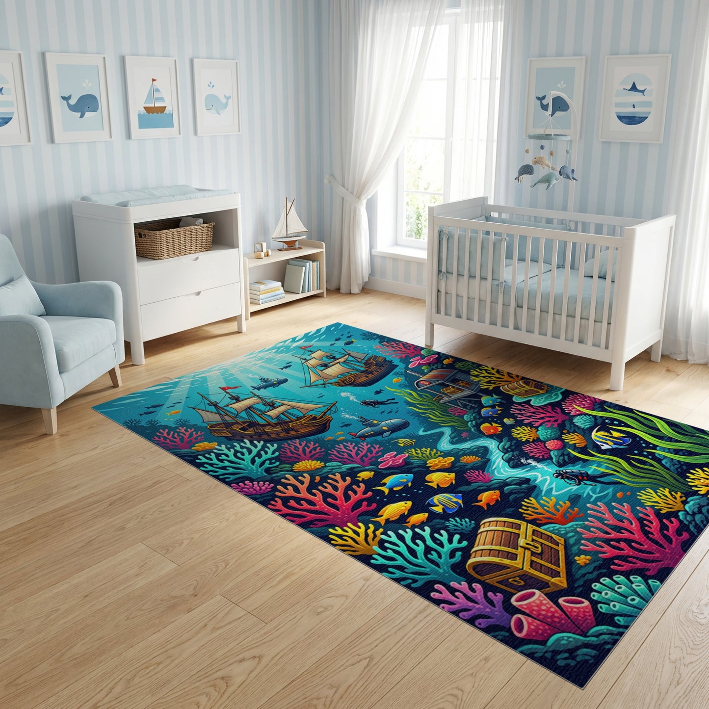 Vibrant Underwater Sunken Ships Coral Treasure Rug