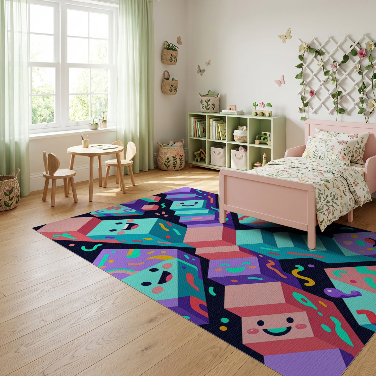 Playful Stacked Smiling Cubes Rug