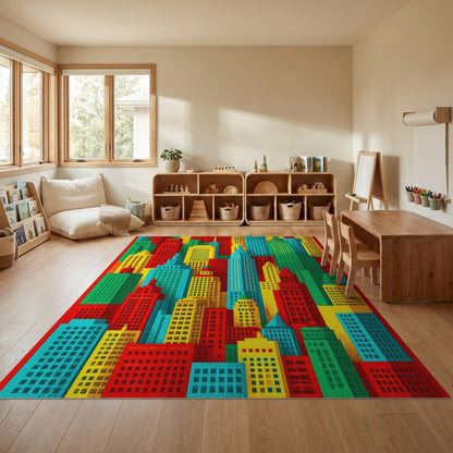 Vibrant Colorful City Skyline Rug