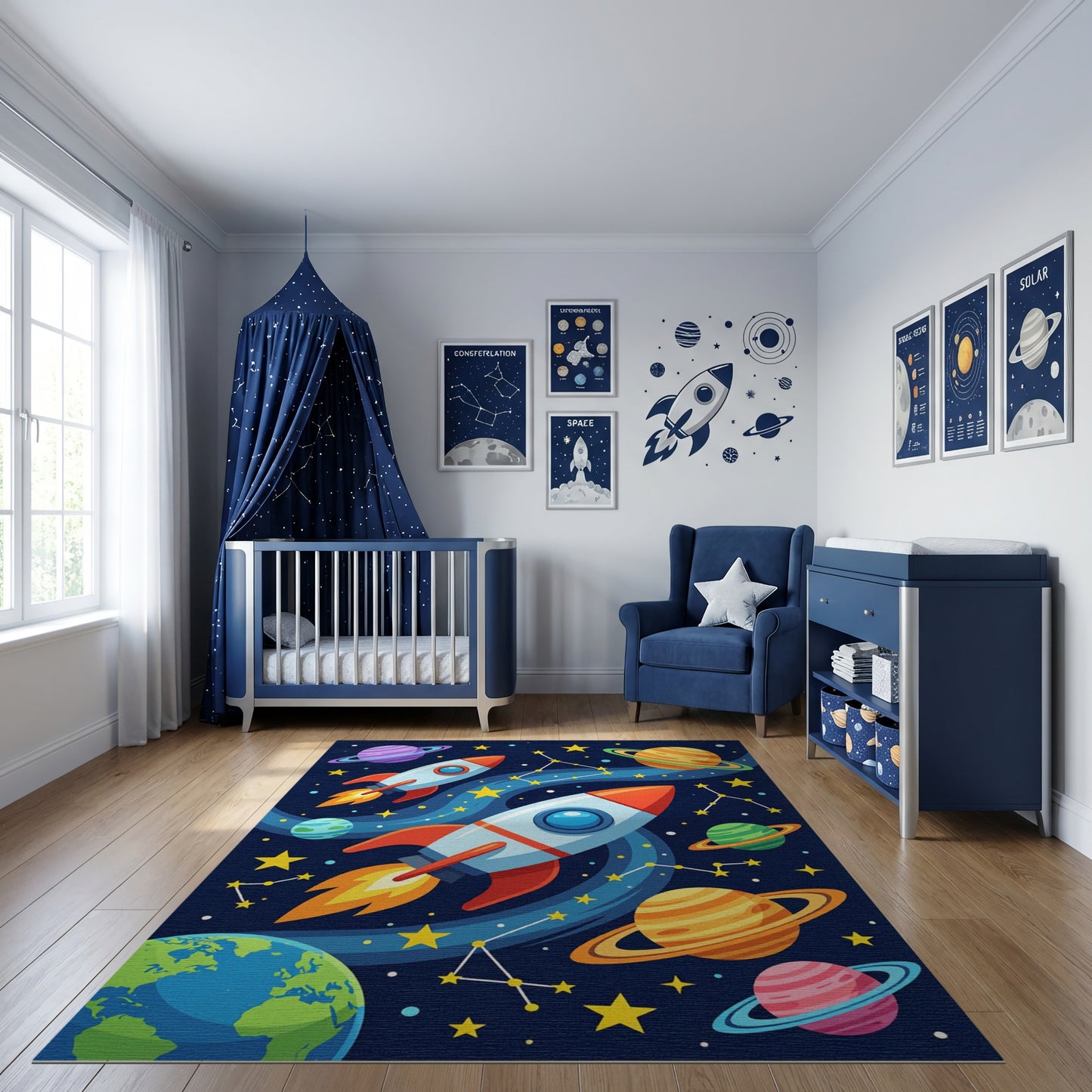 Whimsical Space Rockets Planets Stars Rug