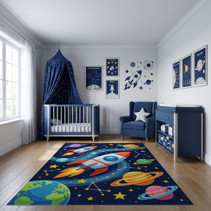 Whimsical Space Rockets Planets Stars Rug