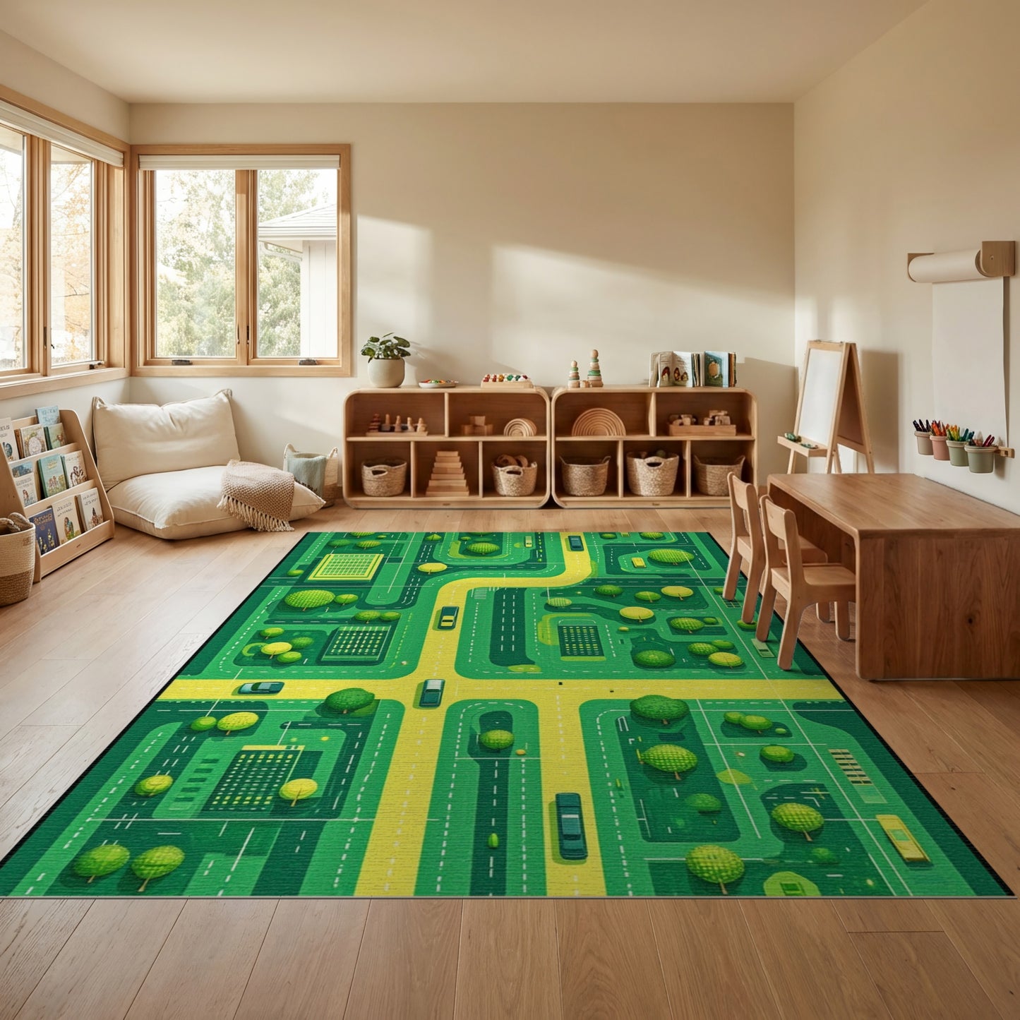 Vibrant Green City Roads Trees Rug