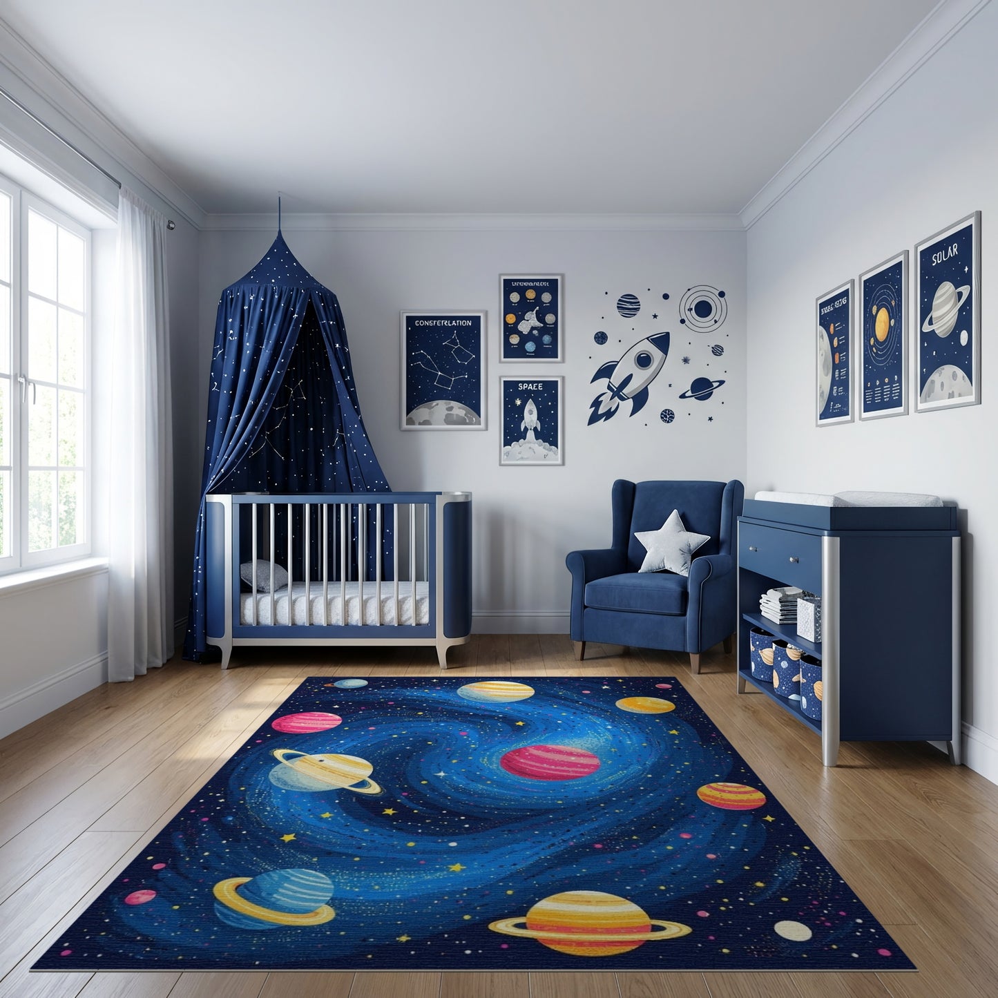 Vibrant Cosmic Swirl Planets Rug