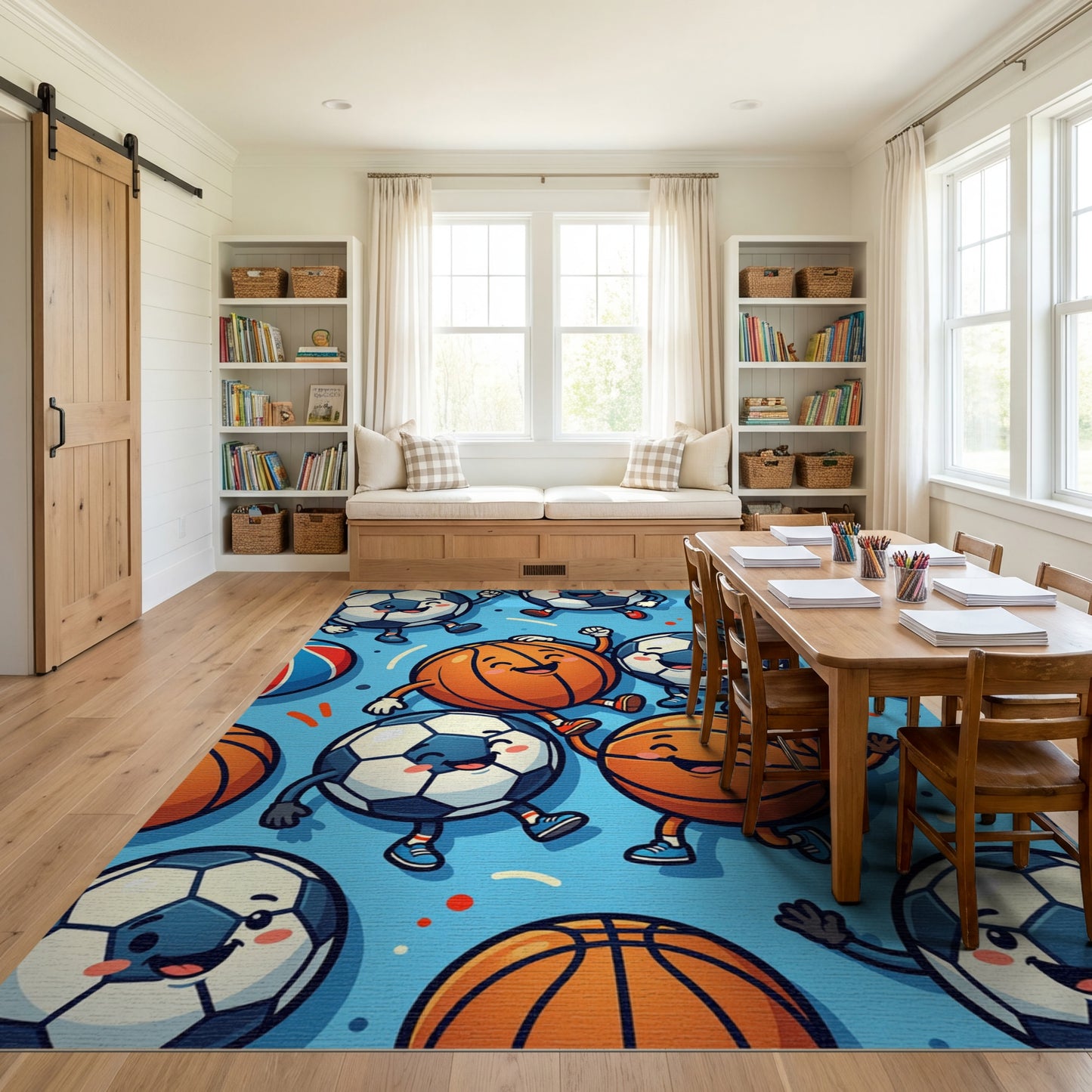 Playful Cartoon Soccer Basketball Dancing Rug