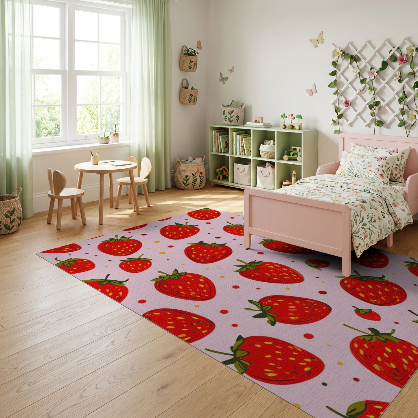 Whimsical Pink Strawberry Yellow Dots Rug