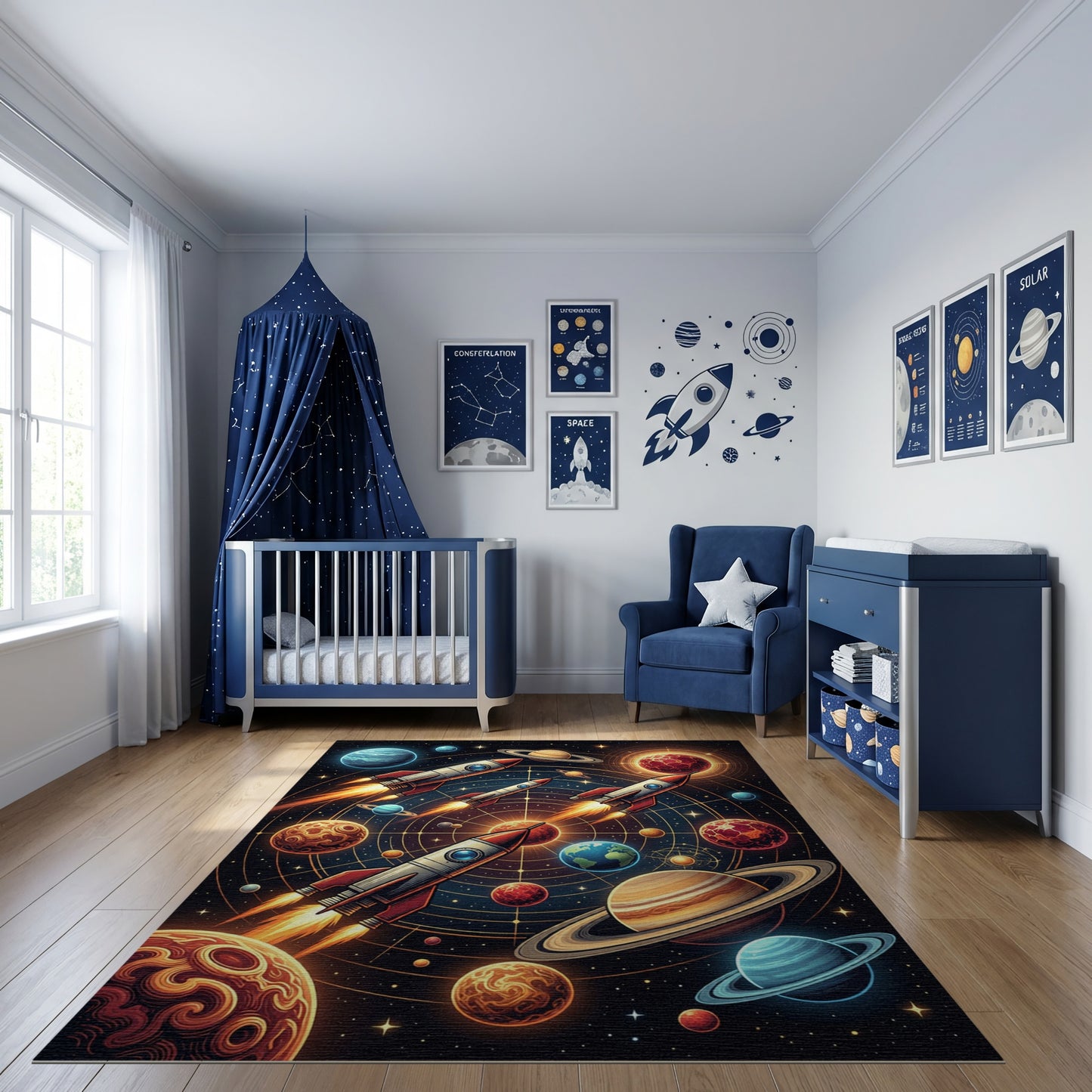 Vibrant Neon Rockets Planets Rug